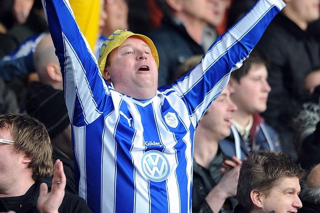 A Sheffield Wednesday fan celebrates the opening goal during the FA Cup Fourth Round match between Blackpool and Sheffield Wednesday at Bloomfield Road on January 28, 2012 in Blackpool.  (Photo by Chris Brunskill/Getty Images)