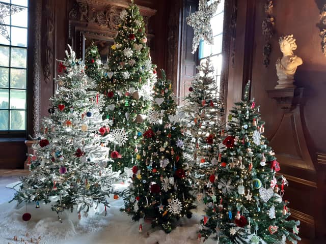 There are beautifully decorated Christmas trees throughout Chatsworth House.