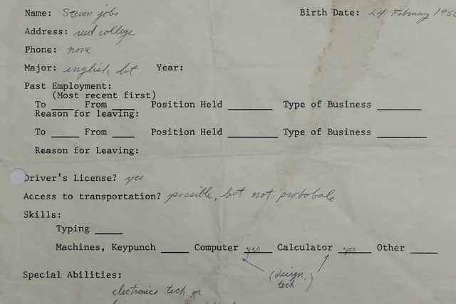 An original handwritten job application filled out by Apple founder Steve Jobs when he was just 18.