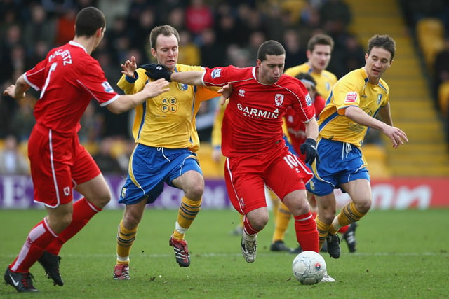 Fabio Rochemback holds off a challenge from Matty Hamshaw during the FA Cup 4th round match on January 26, 2008.