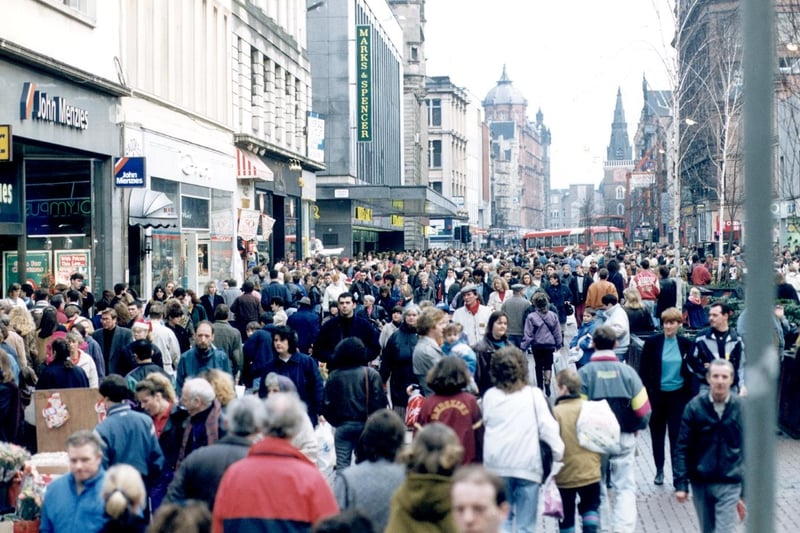 A busy Argyle Street in the late 1980s in Glasgow as shoppers go along the street. 