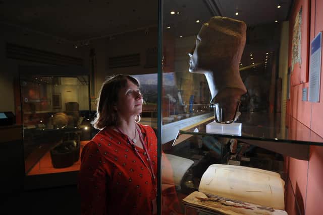 Egyptian Exhibition at the Weston Park Museum, Sheffield.. Curator of Archaeology Martha Jasko-Lawrence pictured at the Exhibition..4th March 2019 ..Picture by Simon Hulme