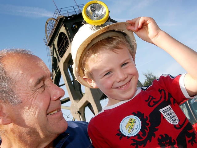 Five-year-old Stanley Clarke got a lesson in mining from grandad Harold Billings of Skegby, when they visited the Pleasley Colliery annual open day in 2009