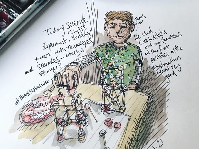 At the beginning of the year my wife and I continued to help school our children at home and this drawing captures one of the activities, creating marshmallow constructions! I do sometimes miss this time of togetherness and learning.