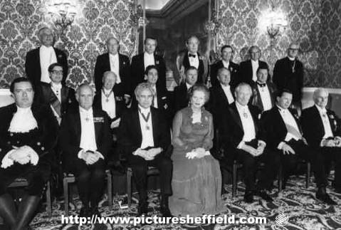 Principal guests at the Cutlers Feast, Cutlers Hall, Church Street, 1983, showing Margaret Thatcher, Prime Minister (front row, fourth left). Protests took place outside the building. Photo: Picture Sheffield / Sheffield Newspapers