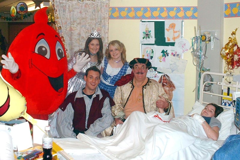Bobby Knutt  is among the panto stars who cheer Charlotte Brown up at Chesterfield Royal Hospital in 2001.