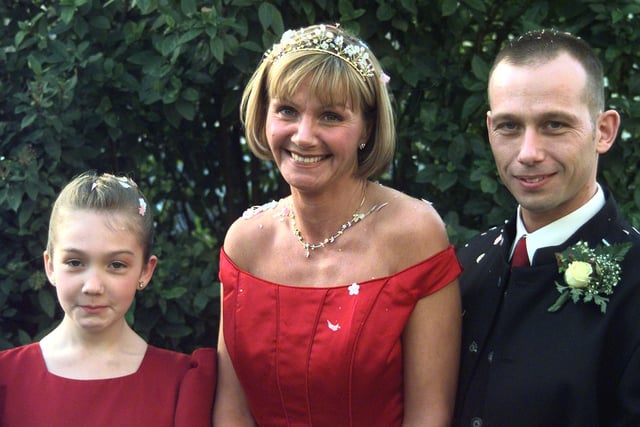 Dawn Lichfield from High Green & David Brooke from wakefield, along with bridesmaid Heidi Lichfield on their Valentine's wedding in 2003