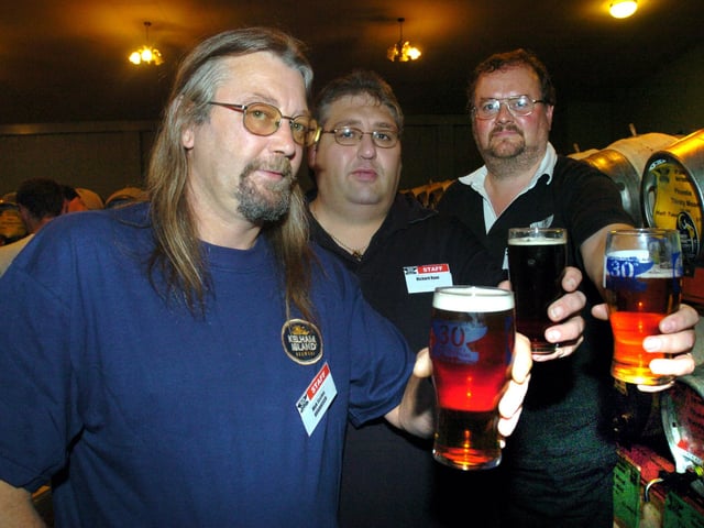 Officials, Myk Eccles, Richard Ryan and Tim Stillman at the Steel City Beer Festival at St Phillips Social Club, Sheffield in 2004