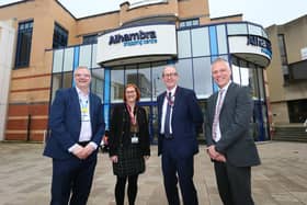 Left to right: Managing Director of Barnsley Hospital Bob Kirton, Chief executive of Barnsley Council Sarah Norman, Leader of Barnsley Council Cllr Sir Steve Houghton and Chief Executive of Barnsley Premier Leisure Michael Hirst outside the Alhambra Shopping Centre in Barnsley.