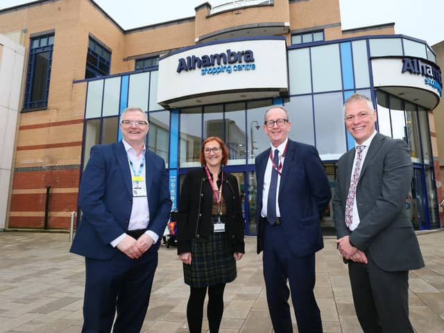 Left to right: Managing Director of Barnsley Hospital Bob Kirton, Chief executive of Barnsley Council Sarah Norman, Leader of Barnsley Council Cllr Sir Steve Houghton and Chief Executive of Barnsley Premier Leisure Michael Hirst outside the Alhambra Shopping Centre in Barnsley.