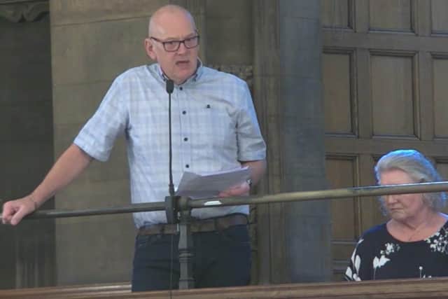 Save the Rose Garden Cafe campaigner Andy Kershaw speaking at a meeting of Sheffield City Council's charity trustee sub-committee. The committee will decide on the future of the popular Graves Park cafe. Picture: Sheffield Council webcast