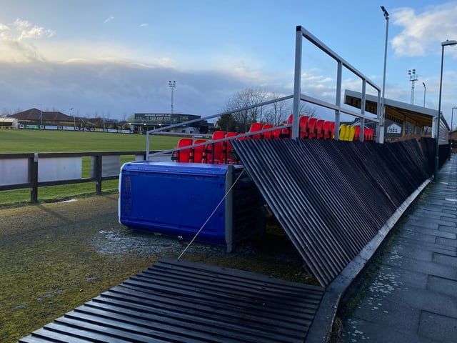 Damage to the stand at Hebburn Town FC's ground following the impact of Storm Arwen.