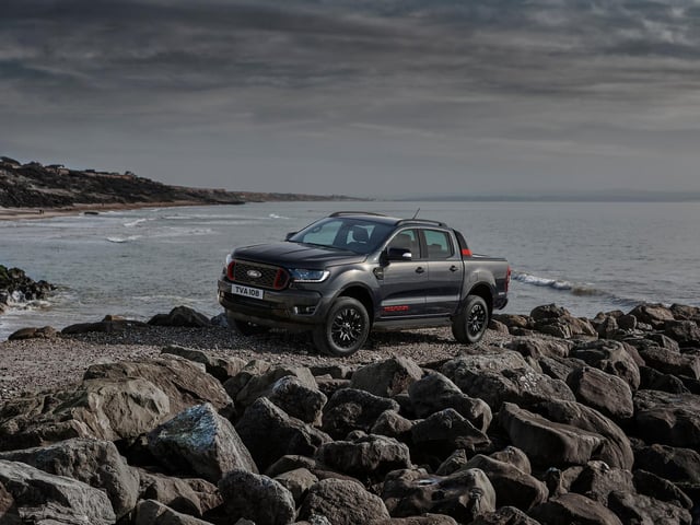 Sea Grey paint, red highlights, a bespoke grille and a sports hoop give it a 'tough and distinctive design' say Ford