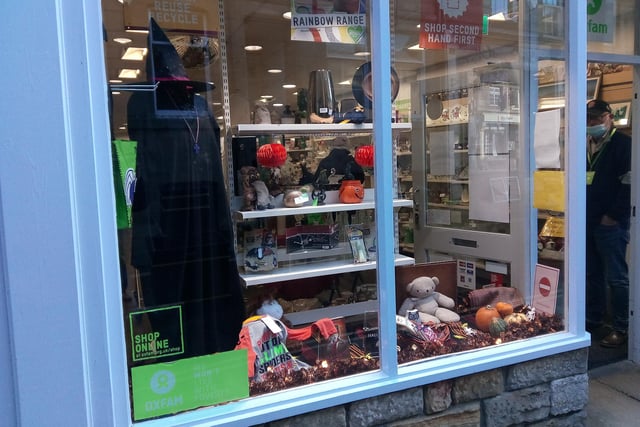 The Halloween-themed window display at Oxfam on Narrowgate.