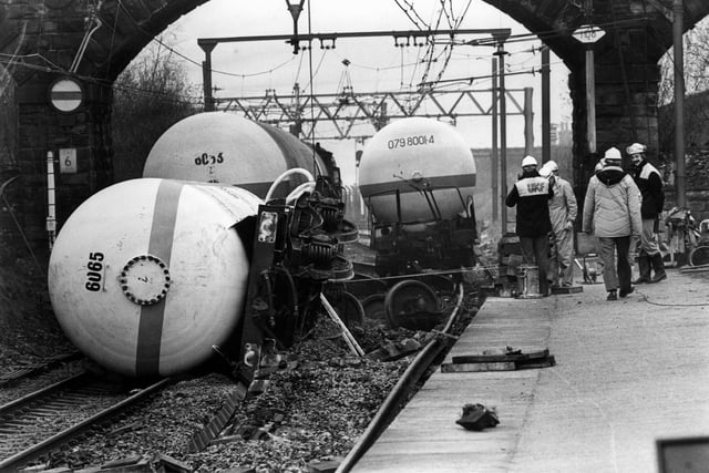 AM Monica Crash - Derailed tanker wagons at Hadfield, April 1981.