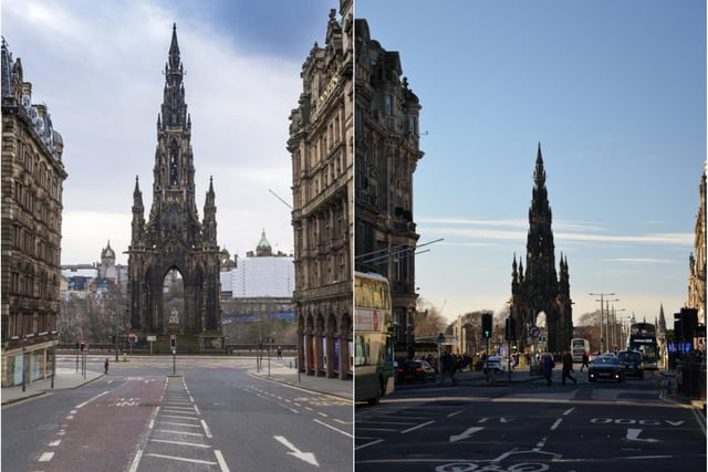 Looking towards the Scott Monument from South St David Street, the streets are deserted.