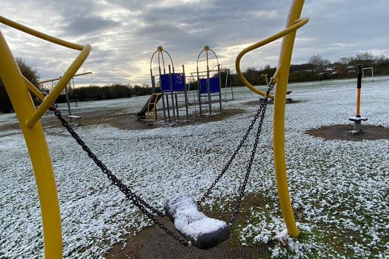 Snow covers play equipment in Chesterfield's Somersall Park