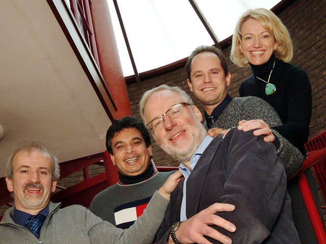 Dr Ted Steiner, third left, is congratulated on his 2009 retirement from the Roundwood Surgery by partners at the Wood Street surgery, they are from left, Doctors, John Murphy, Milind Tadpatrikar, Simon Cappin and Vanessa Peacock.