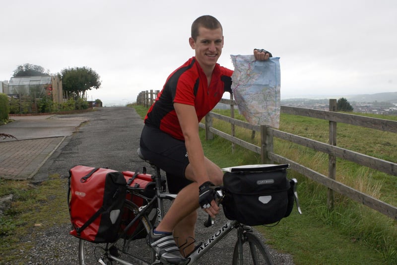 Chesterfield cyclist James Harris completes a marathon ride from John O'Groats to Lands End in 2010.