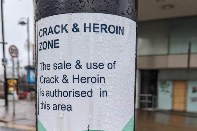The fake poster stating that the area of Sheffield is a 'crack and heroin area'.