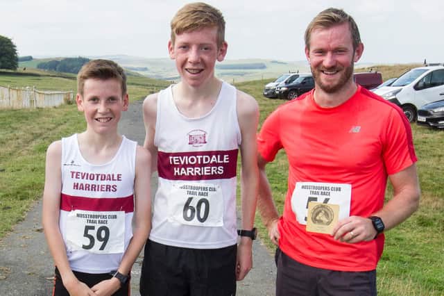 Irvine Welsh, Robbie Welsh and Bruce Hughes at the Ancient Order of Mosstroopers' 14-mile trail race at Hawick on Sunday