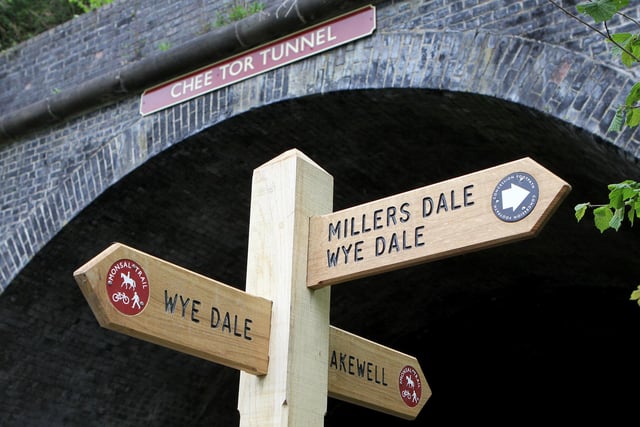 Opening of the tunnels on the Monsal Trail, a new signpost outside Chee Tor Tunnel