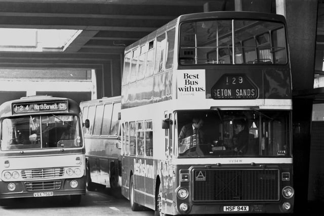 Eastern Scottish buses bound for North Berwick and Seton Sands in East Lothian at St Andrew Square bus station in Edinburgh, March 1986.