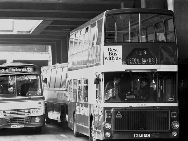 Eastern Scottish buses bound for North Berwick and Seton Sands in East Lothian at St Andrew Square bus station in Edinburgh, March 1986.