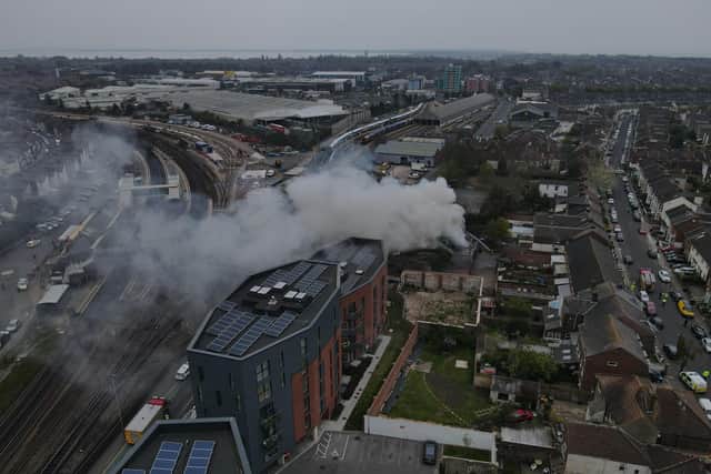 Drone footage of the fire in Goldsmith Avenue, Southsea in Portsmouth on April 28. Picture: @dronenaway