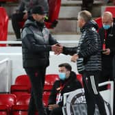 Liverpool's Jurgen Klopp shakes hands with Sheffield United's Chris Wilder at the final whistle: Simon Bellis/Sportimage