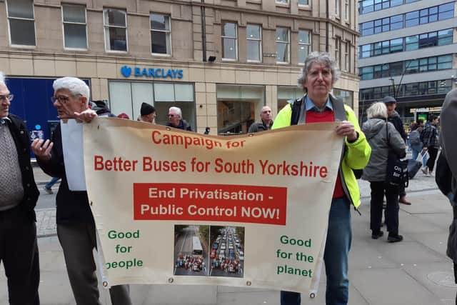 Campaign group Better Buses for South Yorkshire joined a protest outside Sheffield Town Hall to mark four years since the council declared a climate emergency, calling for more action