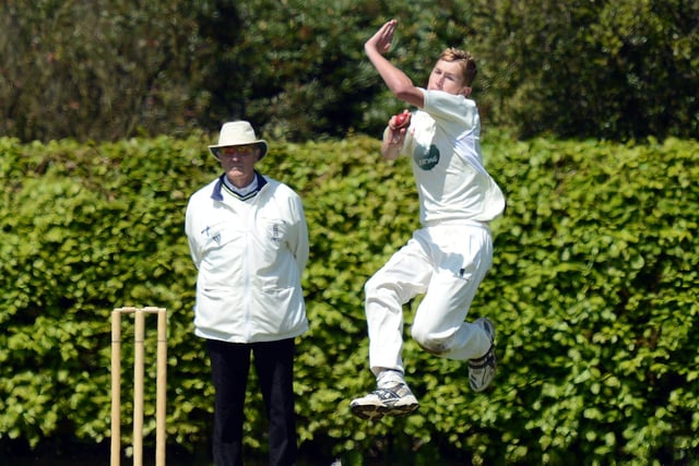 Papplewick and Linby bowler Michael South steams in.