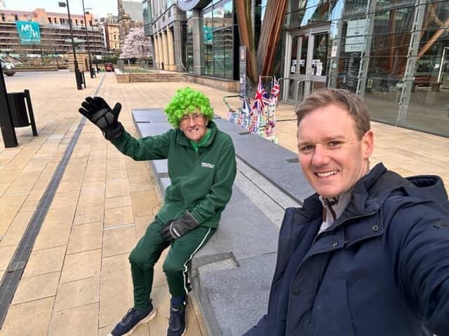 Channel 5 broadcaster, Dan Walker, pictured with John Burkhill in Sheffield city centre ahead of filming for a spot on Ch5 news.