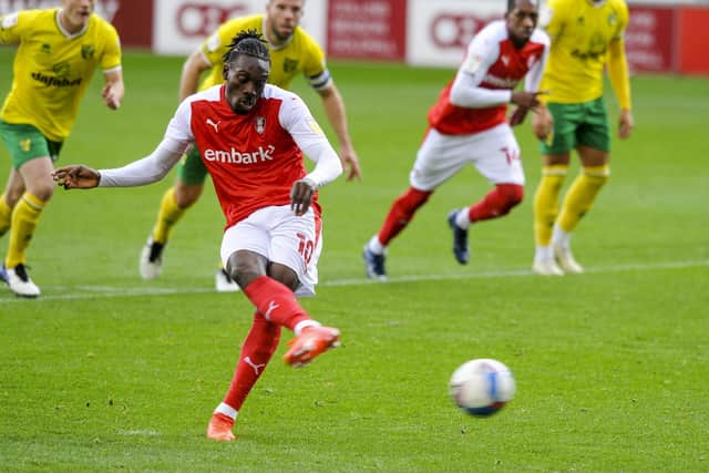 Rotherham United's Freddie Ladapo fails to score from the penalty spot