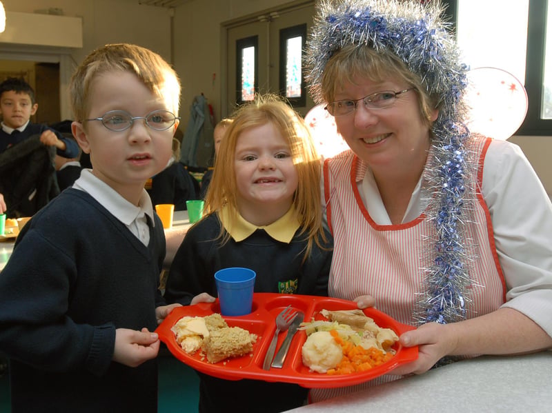 School cook Margaret Greenland was pictured in 2006 as she retired from Stanhope Primary School. She was served her lunch by pupils James Gates and Britney Borrits.