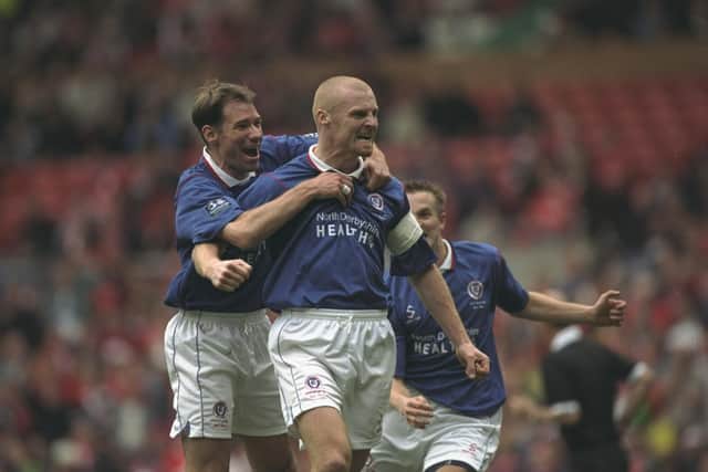Sean Dyche celebrating his goal in the 1997 FA Cup semi-final against Middlesbrough.