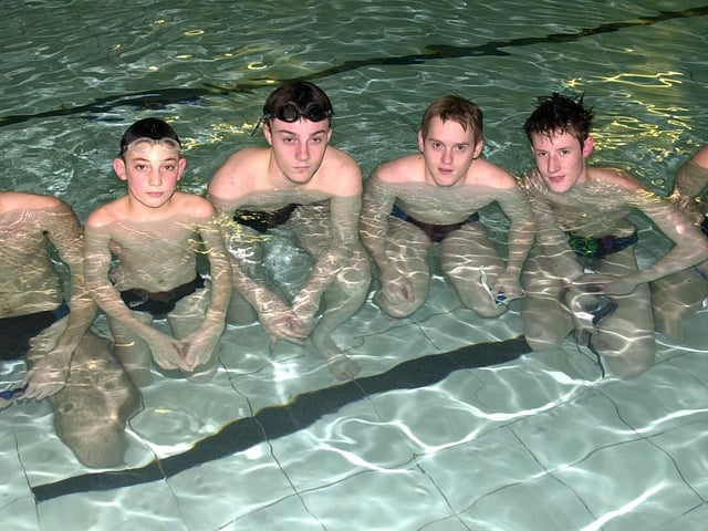 The 2003 DARTES swimmers, from left, Alistair Davies, aged 23, Niall Wainwright, aged ten, Jason Leeson, aged 14, Adam Muscroft, aged 15, Ashley Craighill, aged 14, and Thomas Weeks, aged 16.
