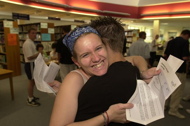 Amy Cawte (18), from Landport celebrates after getting her A level results with her friend Bradley Barlow (18), from Copnor, at Portsmouth College. Picture: Ian Hargreaves.