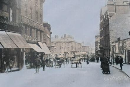 Colourised picture of Castle Street in 1905, looking towards the Royal Hotel where the Castle Market later stood,. Picture taken from Sheffield Since 1900.