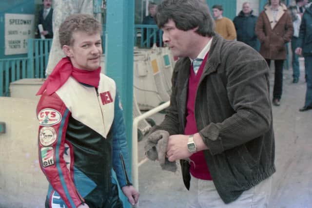Maurice Ducker with Tigers rider Neil Collins at Owlerton in the 80s. Picture: John Somerville Collection.