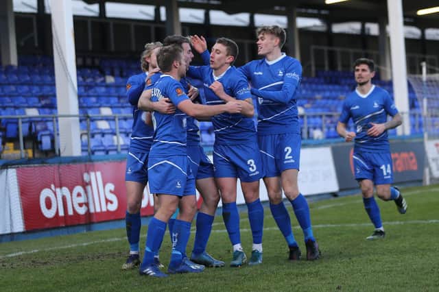 Hartlepool United's Rhys Oates celebrates with his team mates after scoring their first goal during the Vanarama National League match between Hartlepool United and Sutton United at Victoria Park, Hartlepool on Saturday 30th January 2021. (Credit: Mark Fletcher | MI News)