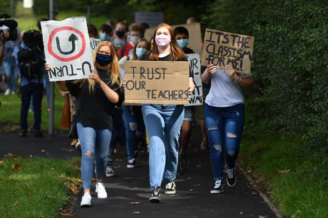 Students march to the constituency office of their local MP Gavin Williamson, who is also the Education Secretary, as a protest over the continuing issues of last week's A-level results which saw some candidates receive lower-than-expected grades after their exams were cancelled as a result of coronavirus.