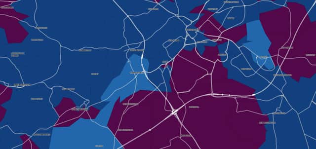 Map showing case rate per 100,000 people in Doncaster in the seven days to August 28 
Light Blue 100-199
Dark Blue 200-399
Burgundy 400-799