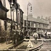 Laying of the tramlines in Cavendish Street in 1904.