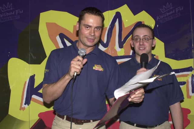 Kingdom FM's Ian Gilmour and Ali McLaren were on stage to MC the 2002 Christmas lights switch on  at the Kingdom Centre, Glenrothes (Pic: Fife Free Press)