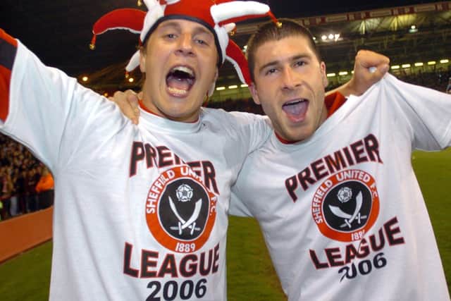 Nick Montgomery celebrates reaching the Premier League with Sheffield United with Phil Jagielka
