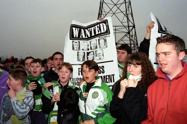 Celtic fans call for the club's board to go during the 1993/94 season