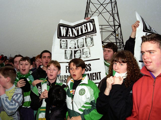 Celtic fans call for the club's board to go during the 1993/94 season