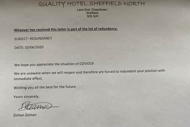 A copy of the redundancy letter sent to staff, signed by Mr Zaman.