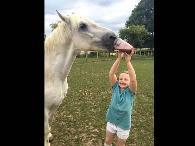Catriona Cleugh 7 year old daughter sharing her smoothie with my horse Hugo at Hambledon. I think he's enjoying it! It was judged 3rd Place.